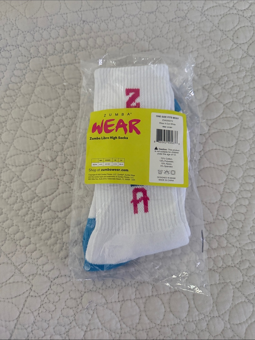 Zumba Fitness White Athletic High Socks with Pink Logo and Blue Heel